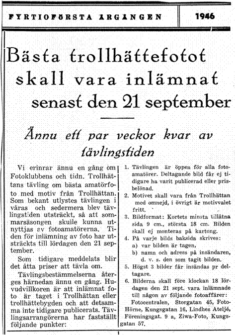 Trollhättans Fotoklubb - ur arkivet, Tävlingsregler för Tidningen Trollhättans och Trollhättans fotoklubbs amatörfototävling.